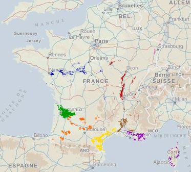 Visualisation Géoportail des délimitations des AOC viticoles.